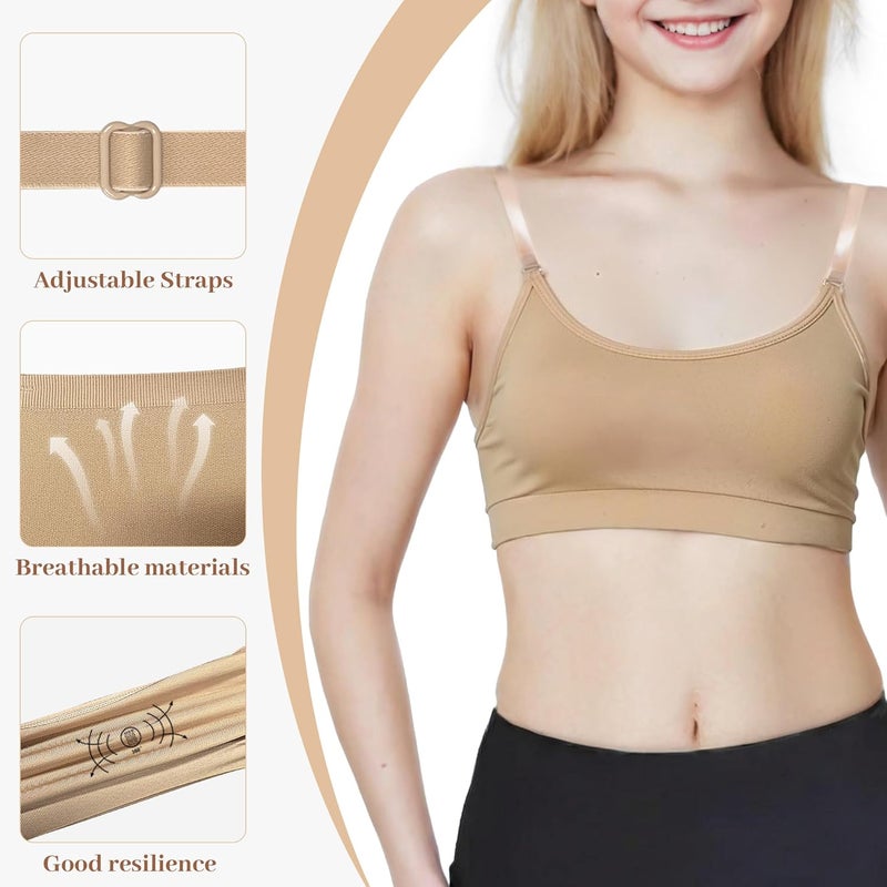 DANSHOW Girls Dance Bra Seamsless Nude Bras for Teens Girl with 2 Pairs of Clear Straps, Silicone Pads - Image 4